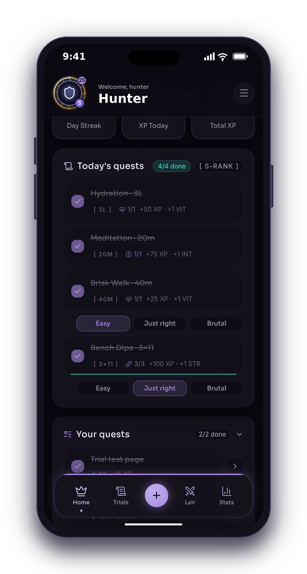 Daily quests and streaks screen